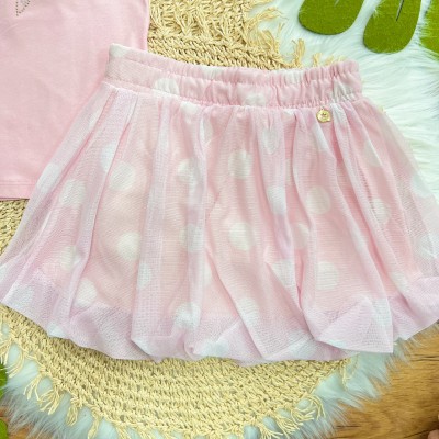 Conj. Blusa com Laço em Strass e Short Saia em Tule - Rosa